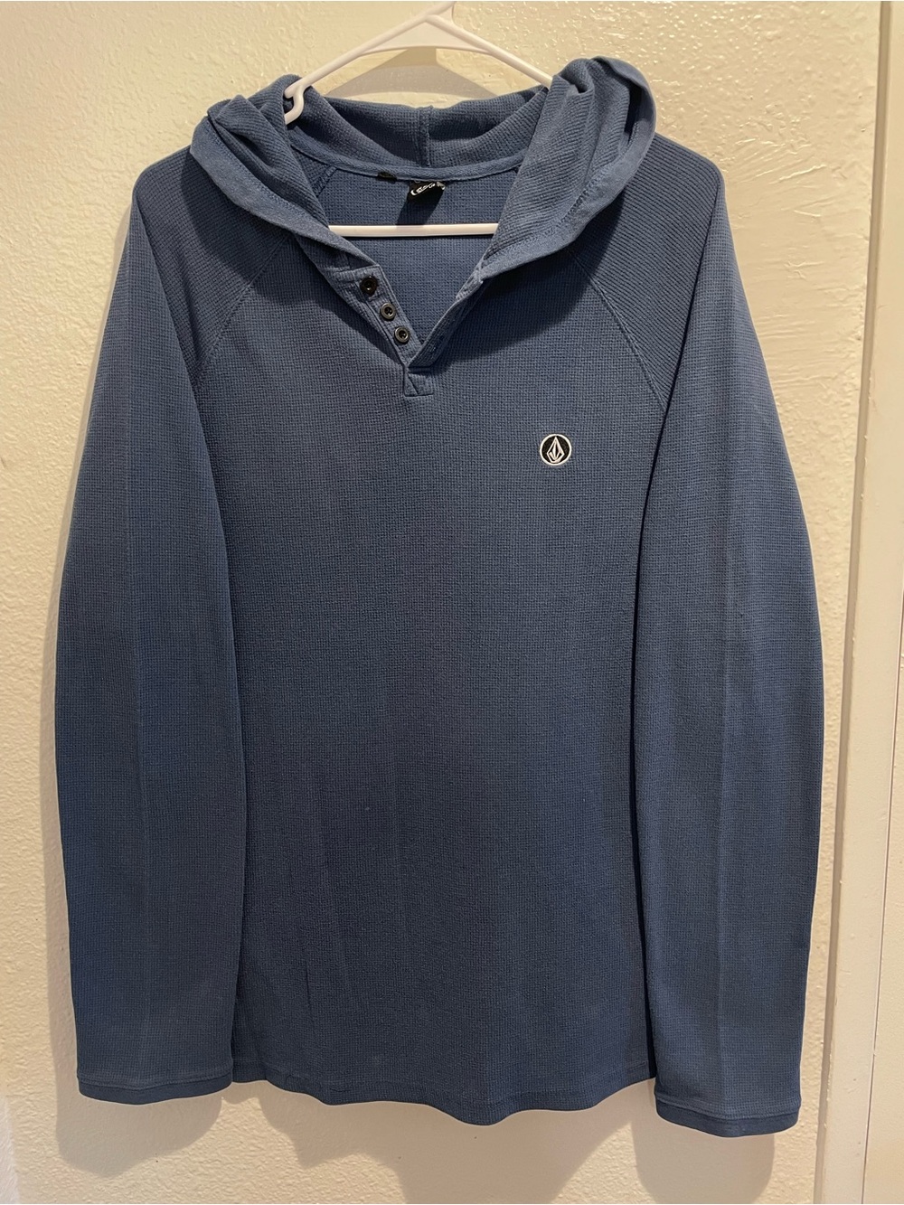 Volcom Men's Large Slate Blue Hooded Henley Waffle Knit Pullover Hoodie